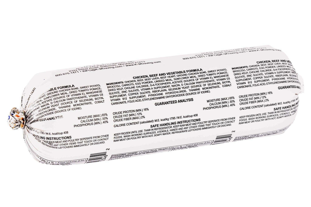 Chicken and beef raw dog food with vegetables in a bowl, made in the USA