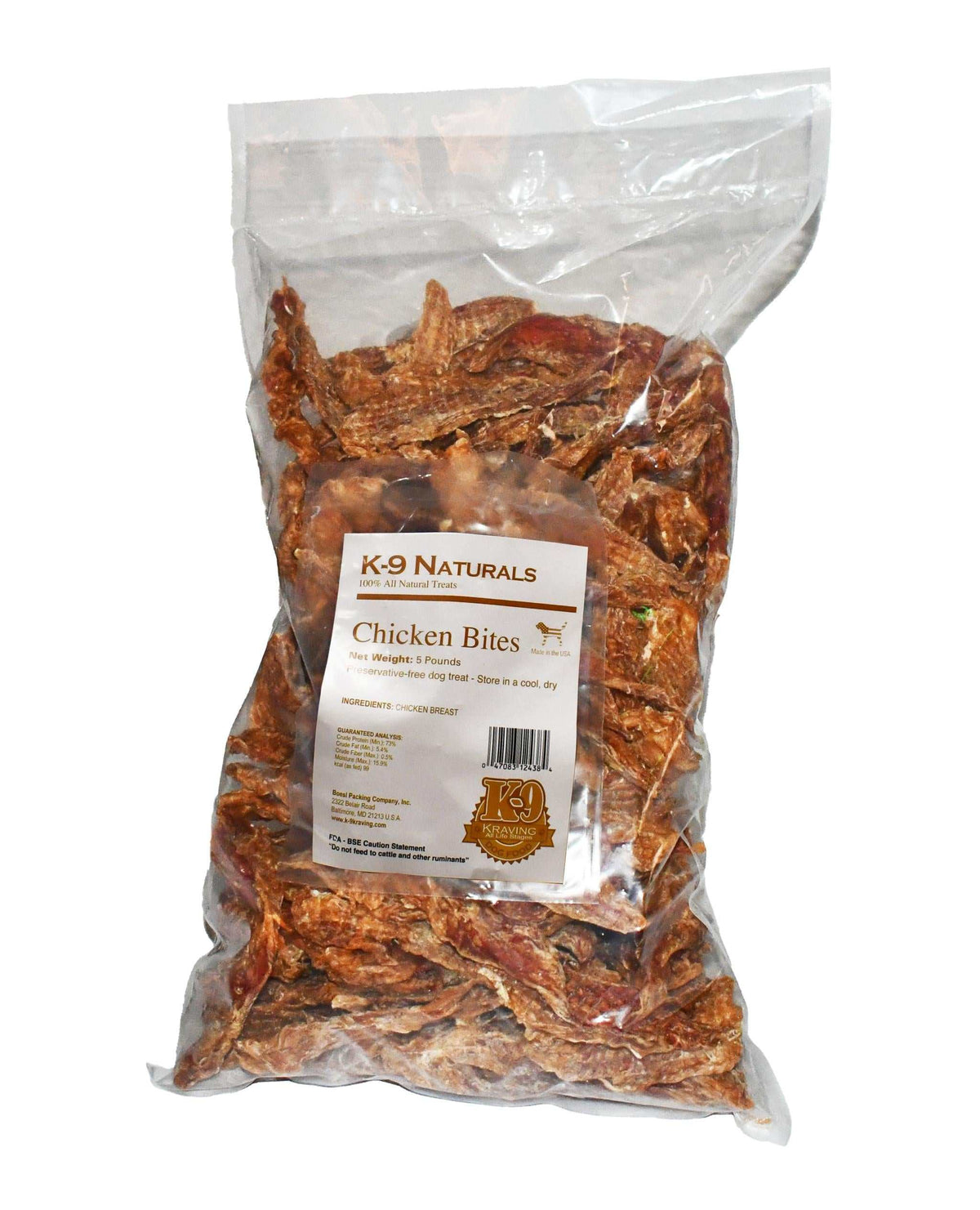 Chicken Bites dog treats in a clear plastic bag, showing reddish-brown dried chicken pieces and a labeled front panel.