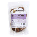 Chicken Flips dog treats in a clear plastic pouch, showing brown, irregular chicken pieces and a purple label.