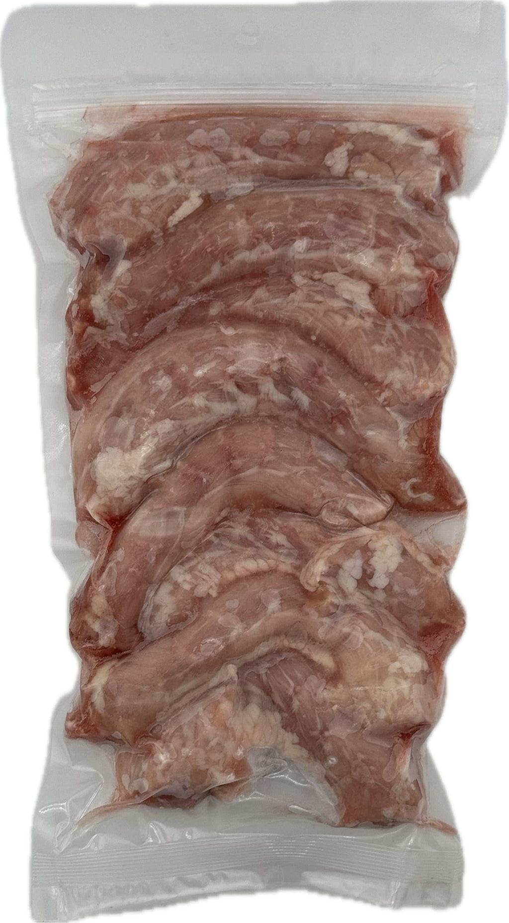Chicken Necks in a clear sealed plastic pouch, showing pale pink raw meat with irregular bony pieces and marbling.