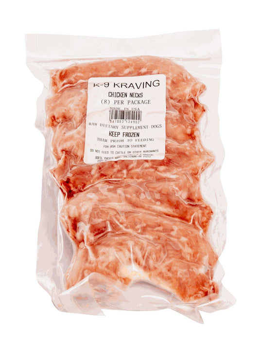 K-9 Kraving Chicken Necks in vacuum-sealed package for dogs, raw meaty bones.