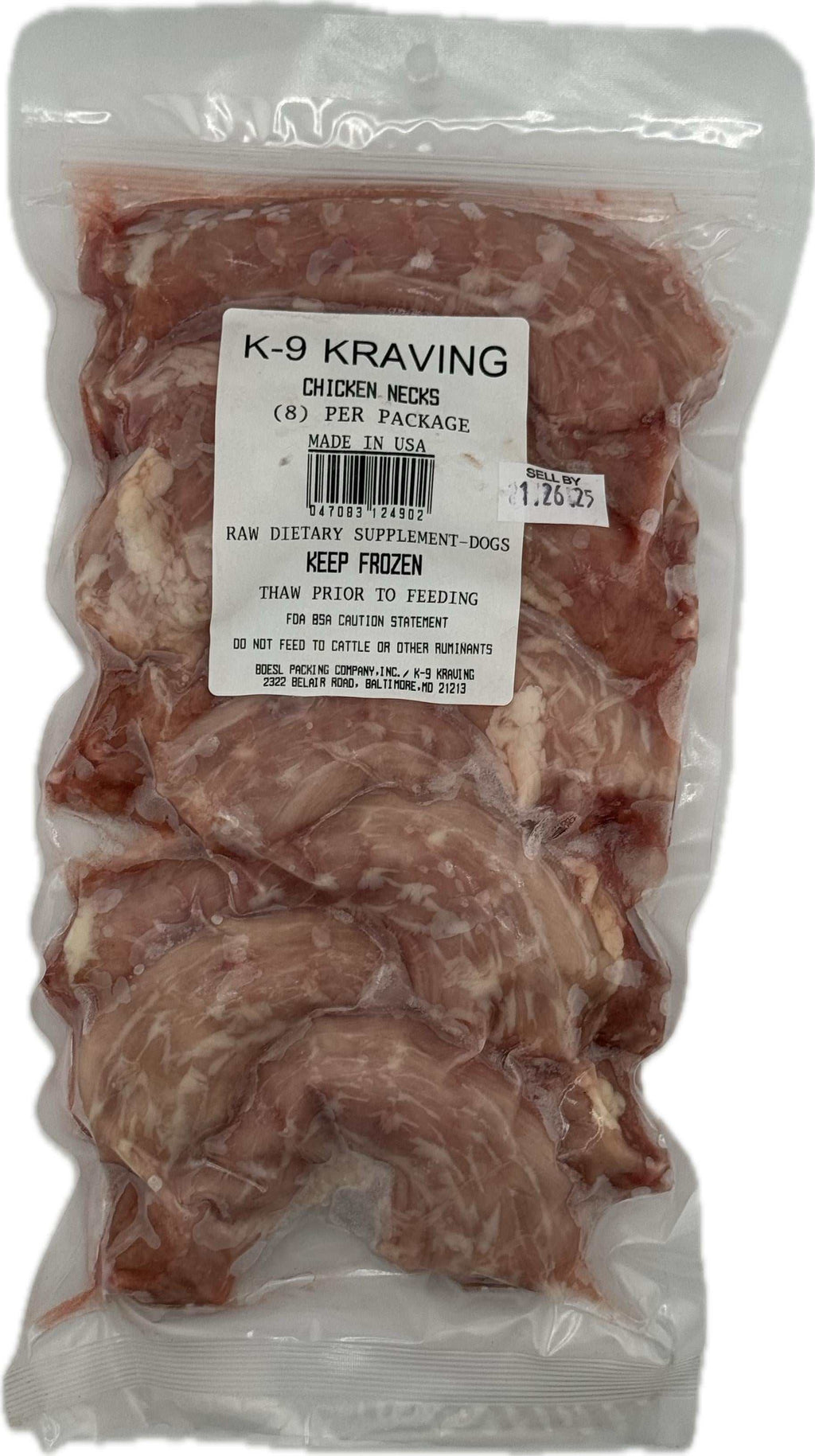Chicken Necks are raw meaty bones in a clear sealed plastic bag, with a white product label and frozen contents.