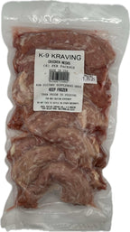 Chicken Necks are raw meaty bones in a clear sealed plastic bag, with a white product label and frozen contents.