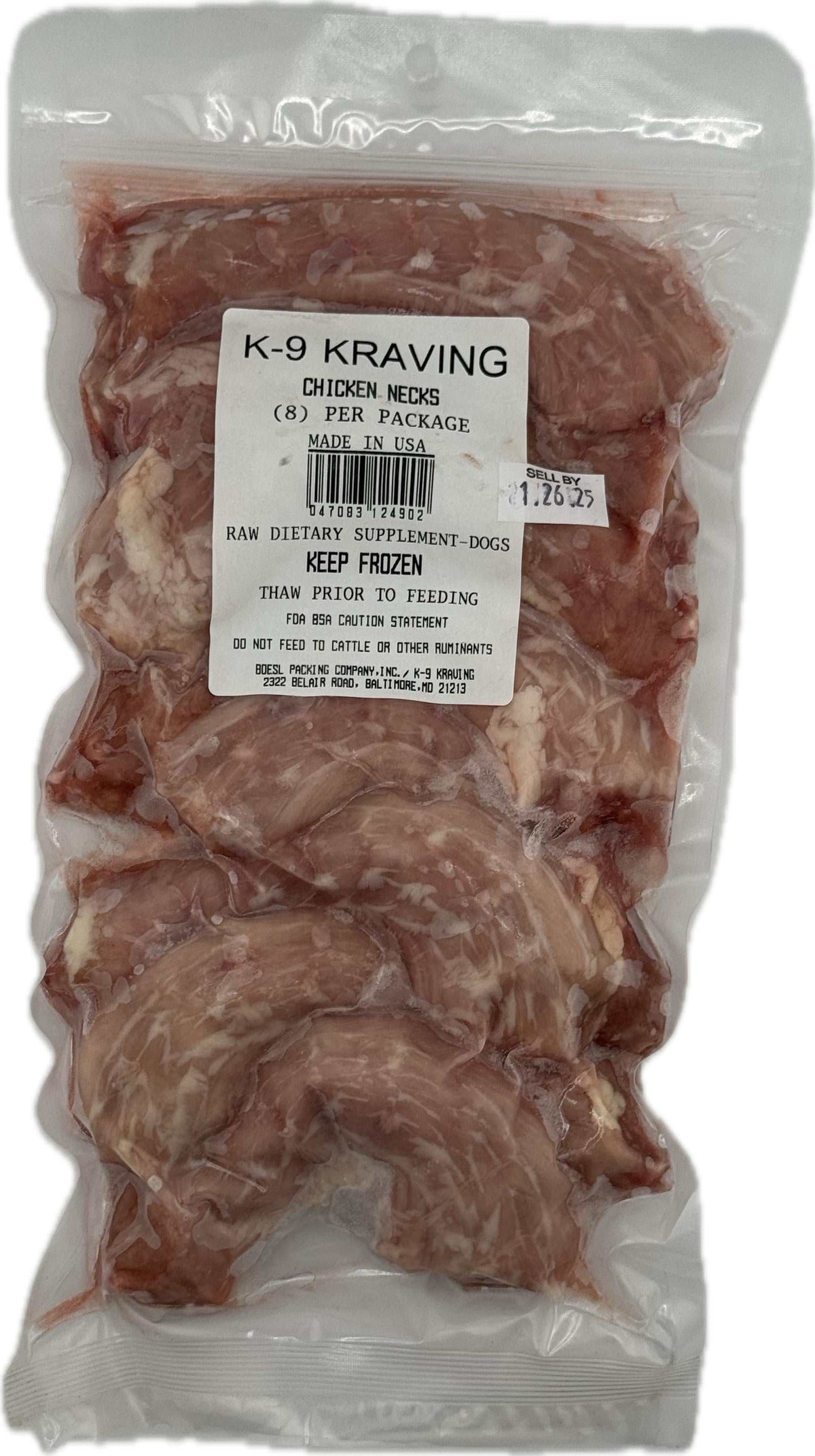 Chicken Necks are raw meaty bones in a clear sealed plastic bag, with a white product label and frozen contents.