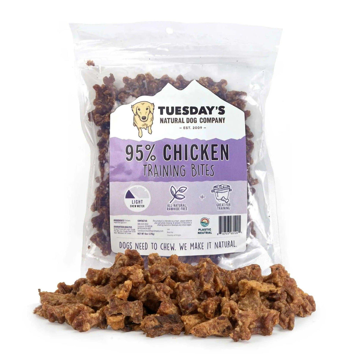 Chicken Training Bites, brown irregular meat treats in a clear resealable bag labeled 95% chicken, with bites piled in front.