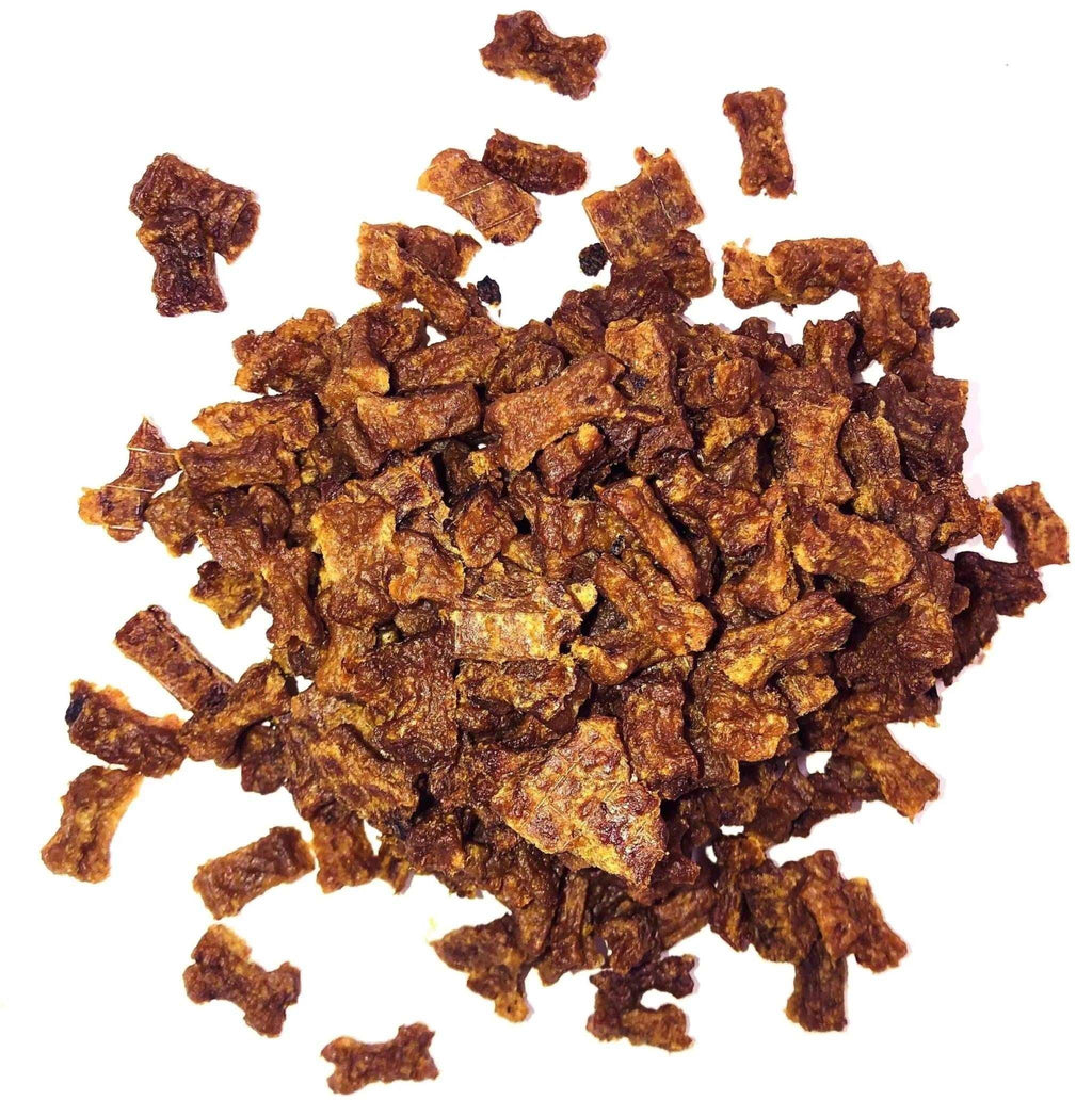 Chicken Training Bites are small, irregular dark brown dried treats with a rough, textured surface.