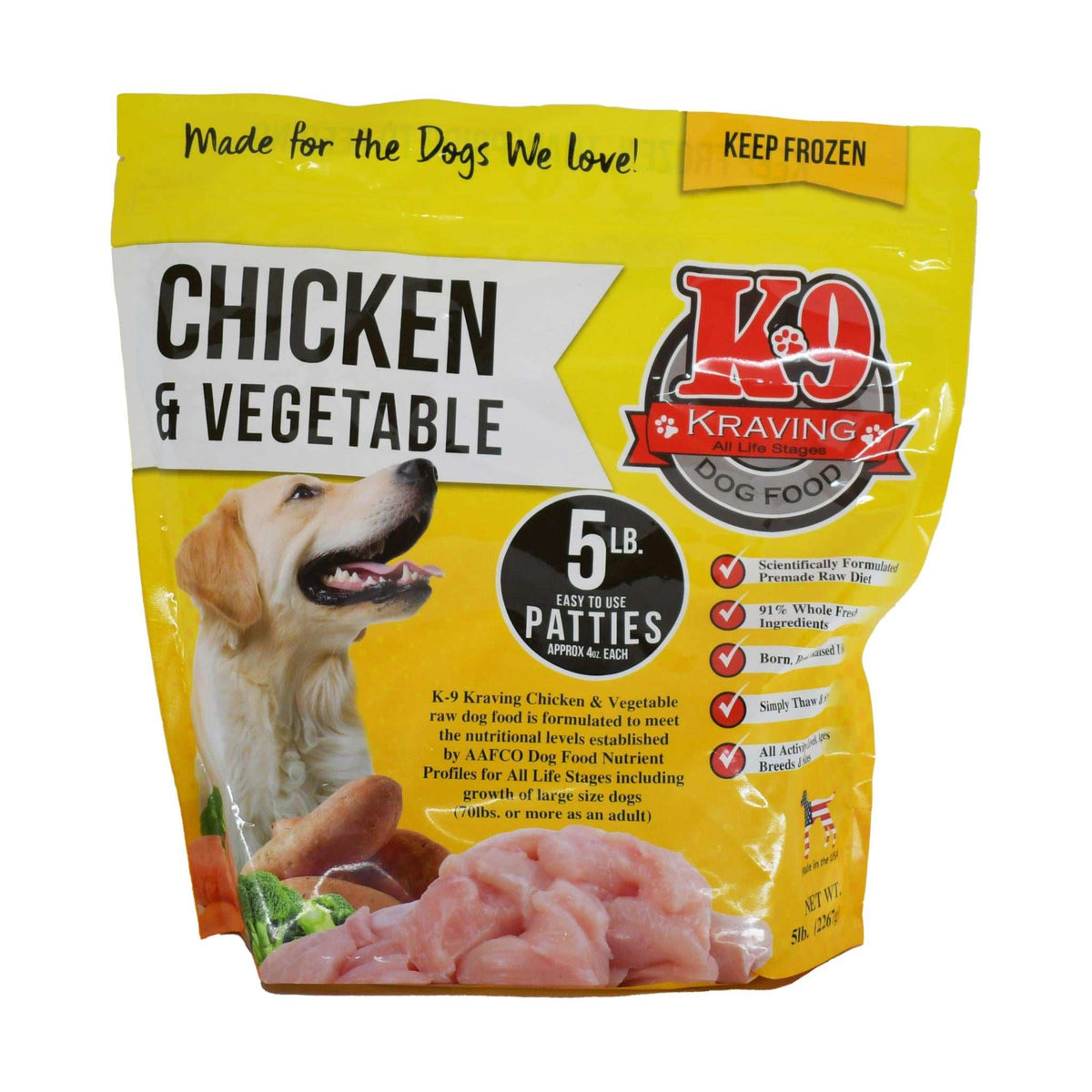 Chicken & Vegetable raw dog food in a bright yellow plastic pouch, featuring a dog, patties, and ingredient imagery.