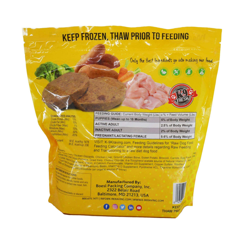 Chicken dog food in a bright yellow frozen pouch, showing ground patties and chunks of chicken with vegetables.