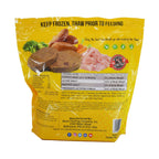 Chicken dog food in a bright yellow frozen pouch, showing ground patties and chunks of chicken with vegetables.