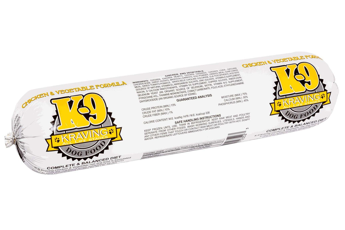 Chicken raw dog food roll in white plastic packaging with bold yellow and black K-9 Kraving branding and printed label.