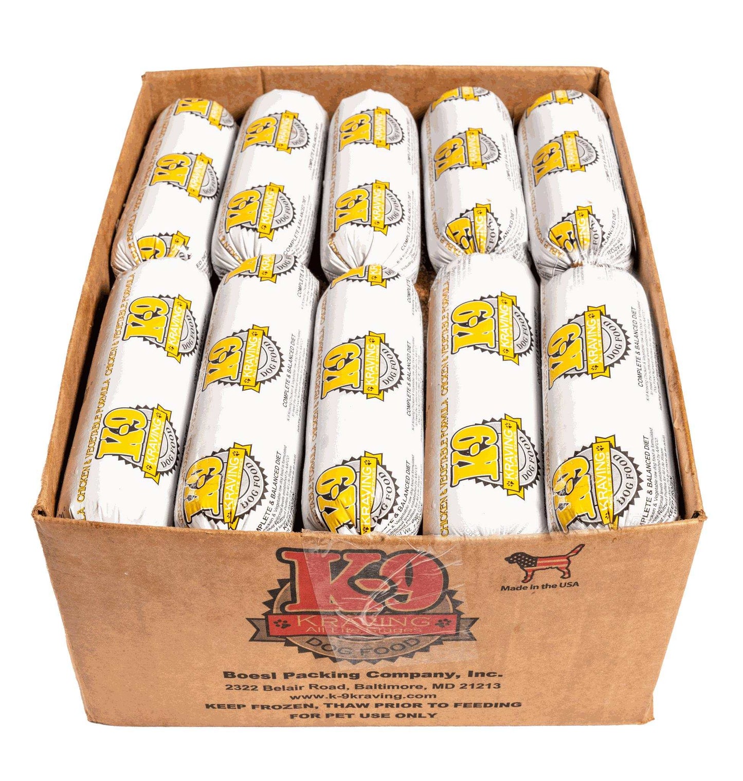 K-9 Kraving Chicken & Vegetable Raw Dog Food packaging in cardboard box.