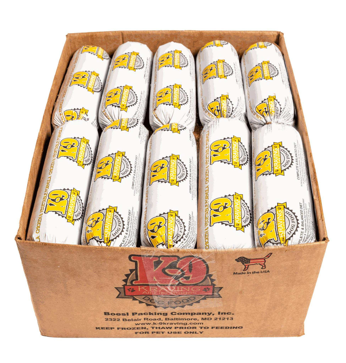 Chicken raw dog food in white wrapped tubes with yellow and black K-9 Kraving logos, packed in a brown cardboard box.
