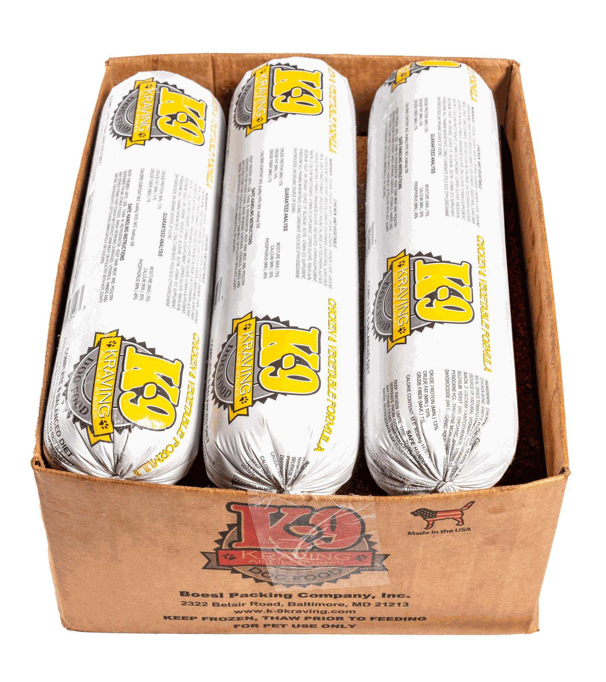 Raw dog food Chicken rolls in white plastic packaging with bold yellow-and-black K-9 Kraving branding, packed three to a box.