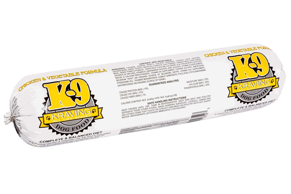 Chicken raw dog food roll in white plastic packaging with bold yellow and black K-9 Kraving branding and printed label.