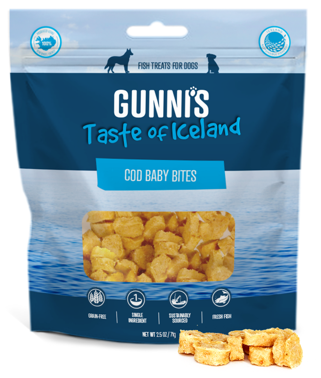 Gunni’s Cod Baby Bites dog treats in a blue and white bag with small yellow fish pieces.