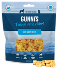 Gunni’s Cod Baby Bites dog treats in a blue and white bag with small yellow fish pieces.