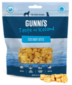 Gunni’s Cod Baby Bites dog treats in a blue and white bag with small yellow fish pieces.
