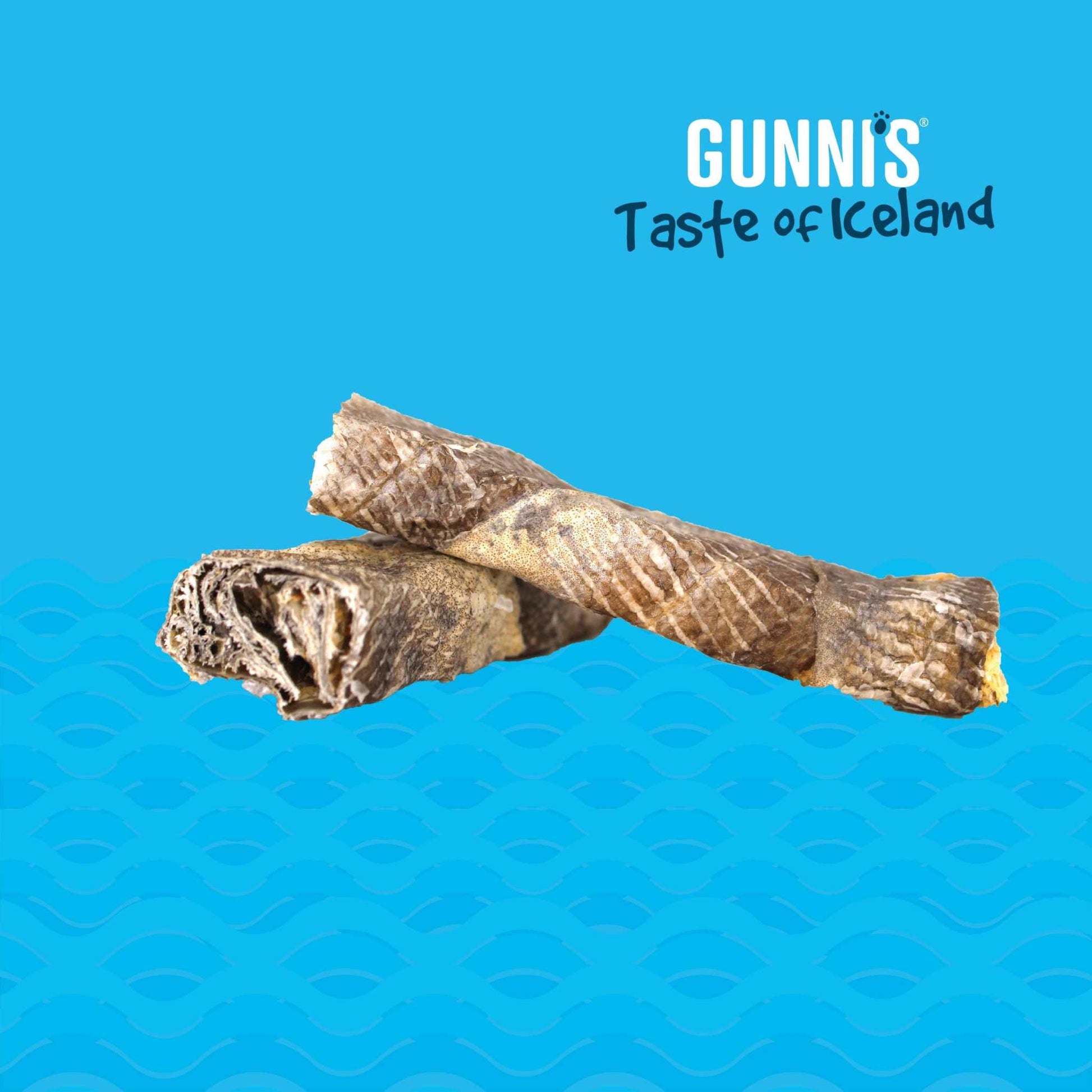 Cod Skin Chewy Sticks from Gunni's Taste of Iceland on blue background.