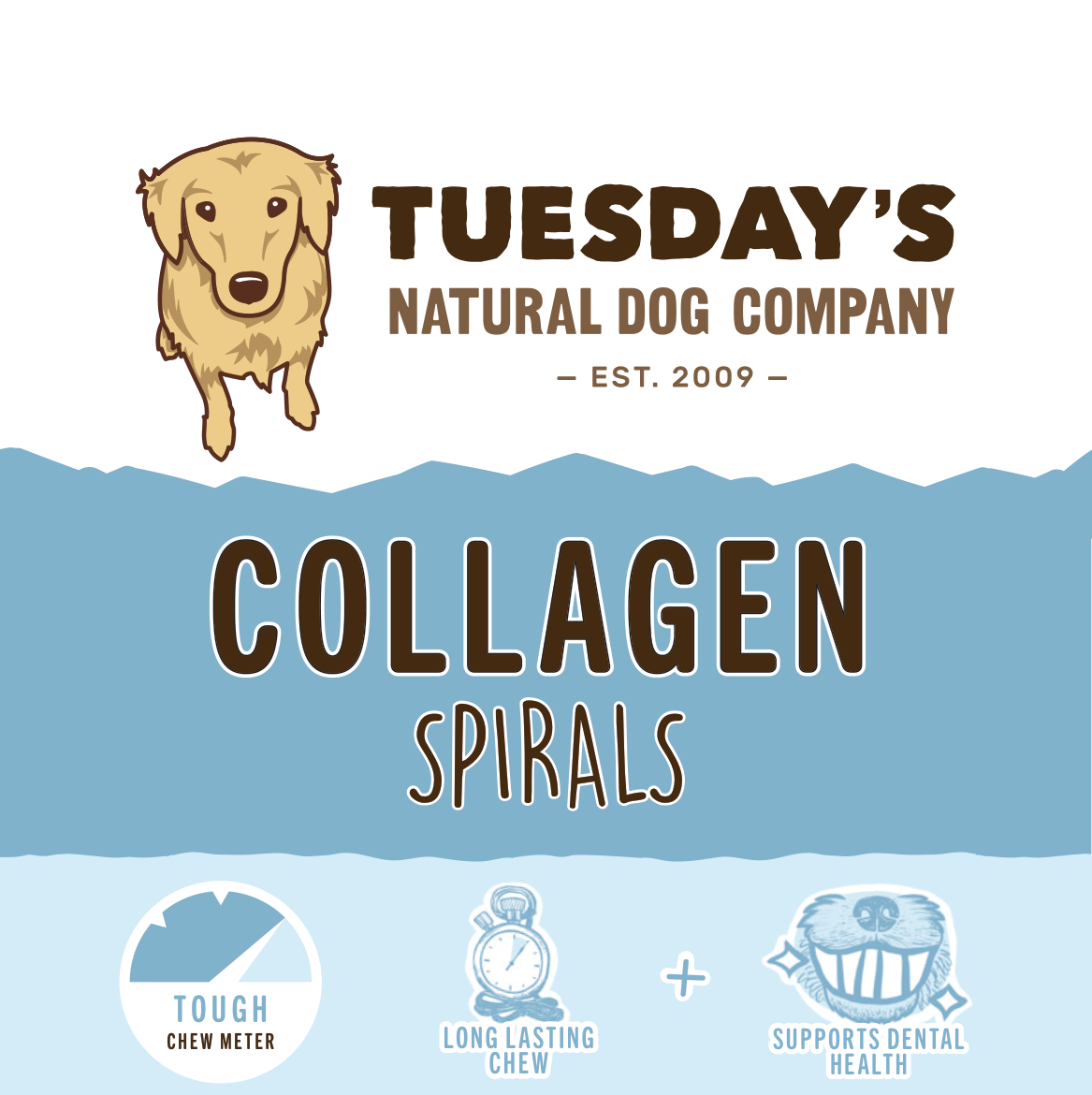 Collagen Spirals dog chew packaging with a blue-and-white design, tan dog illustration, and tough chew meter and benefit icons.