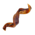 Collagen Spirals dog chew in mottled amber-brown, with a firm, twisted ribbon shape and tapered ends.