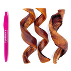 Collagen Spirals dog chews in mottled amber-brown, with firm, twisted strips of natural beef collagen.