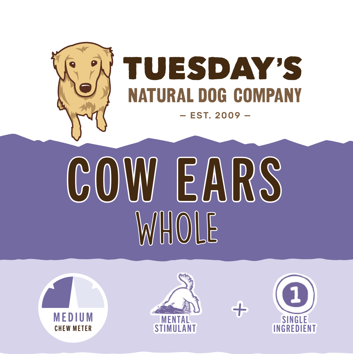 Cow ear dog chew, golden tan with a flat, irregular shape, shown on Cow Ears packaging as a single ingredient chew.