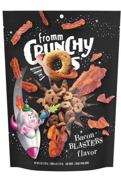 Crunch O's Bacon Blasters dog treats in black packaging with bacon graphics.