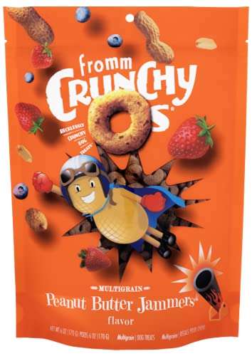 CRUNCH O's Peanut Butter Jammers dog treats with peanut, strawberry, blueberry flavors in orange packaging.