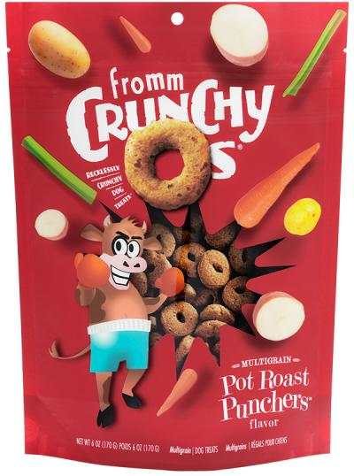 Dog treat bag labeled Pot Roast Punchers, with bright red packaging, multigrain cereal-ring treats, and a cartoon boxer dog.