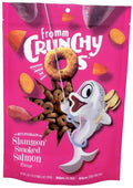 Crunchy O's Slammon dog treats in a bright pink resealable bag with smoked salmon and sweet potato illustrations.