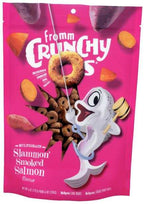 Crunchy O's Slammon dog treats in a bright pink resealable bag with smoked salmon and sweet potato illustrations.