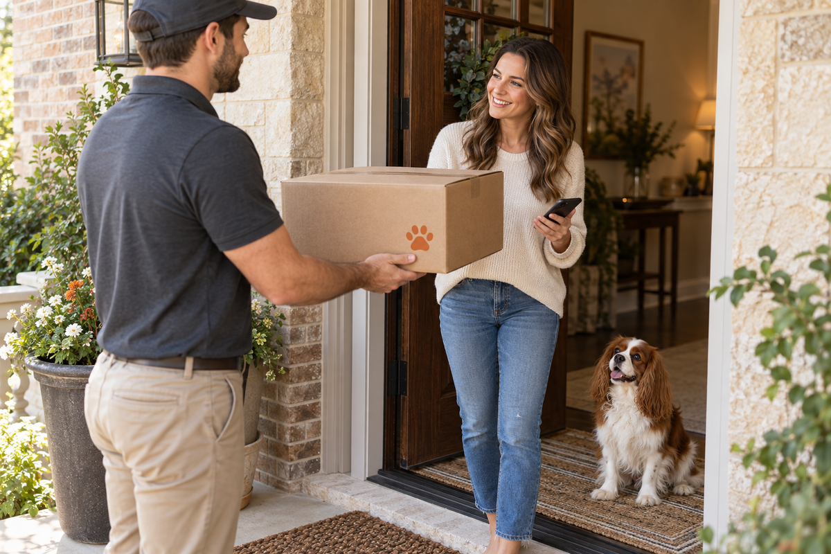 A delivery partner handing a food delivery box to a customer with her dog at home.