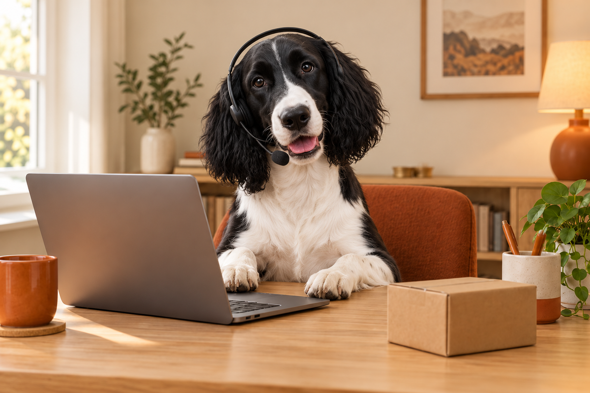 A black-and-white English Springer Spaniel wearing a customer-support headset at a warm wooden desk.