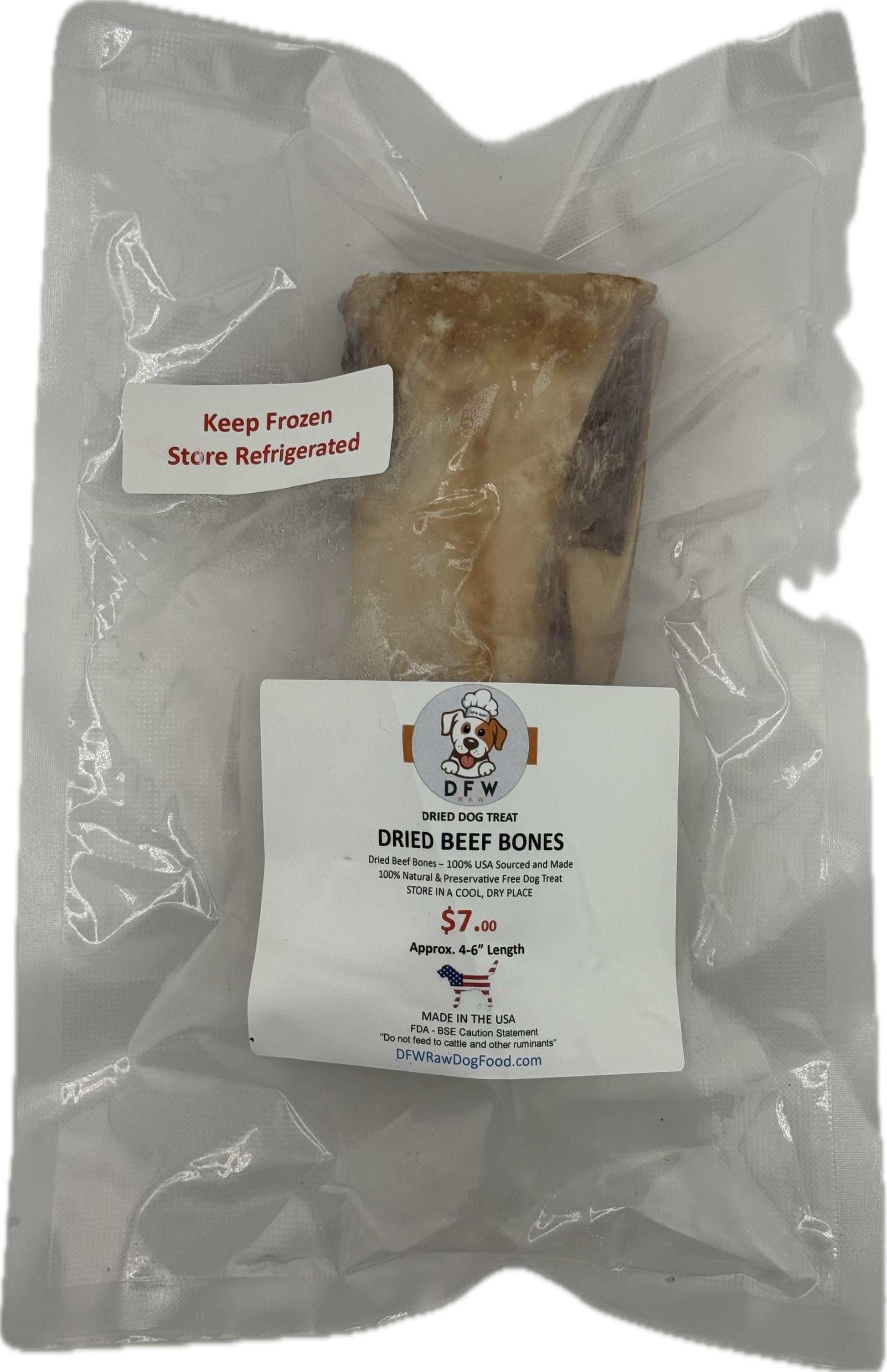 Dried beef bone 4-6 inch, USA sourced, in vacuum-sealed packaging with storage instructions.
