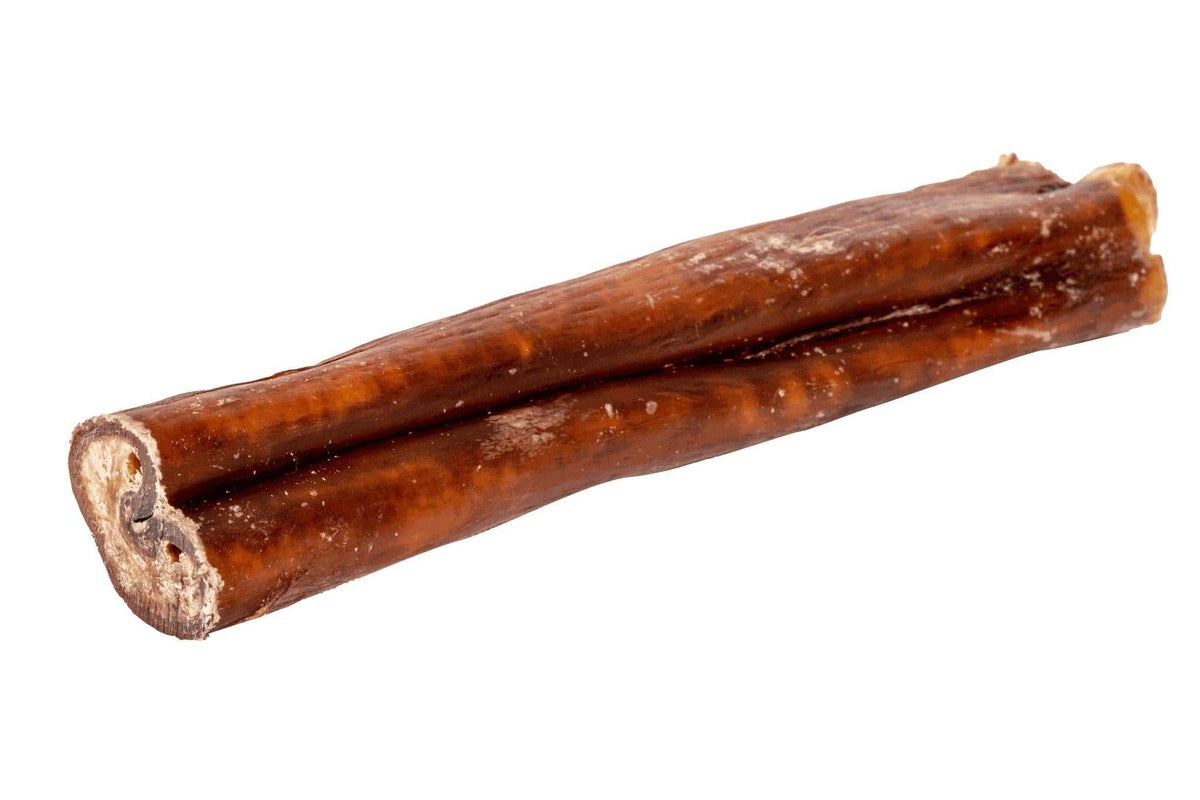 Bully Stick chew, two long reddish-brown dried beef sticks with a firm, ridged texture and pale cut ends.
