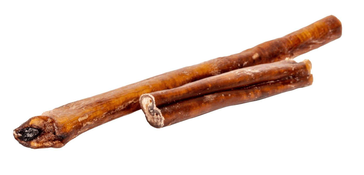 Dried Bully Stick - 50 Unit Case showing two natural brown, textured, long-lasting dog chews made from beef pizzle.