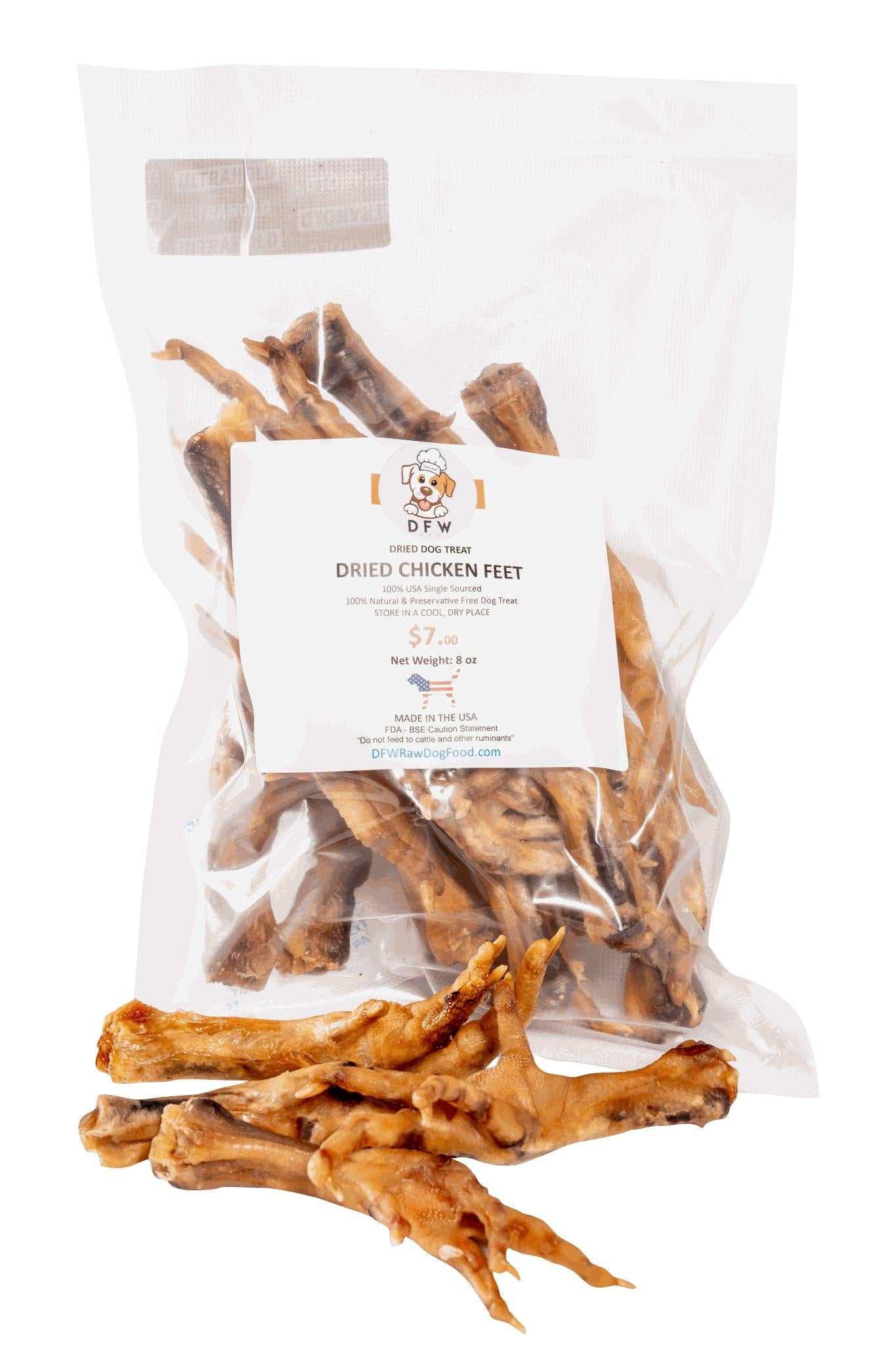 Natural dried chicken feet in packaging with loose treats for dog joint and dental health.
