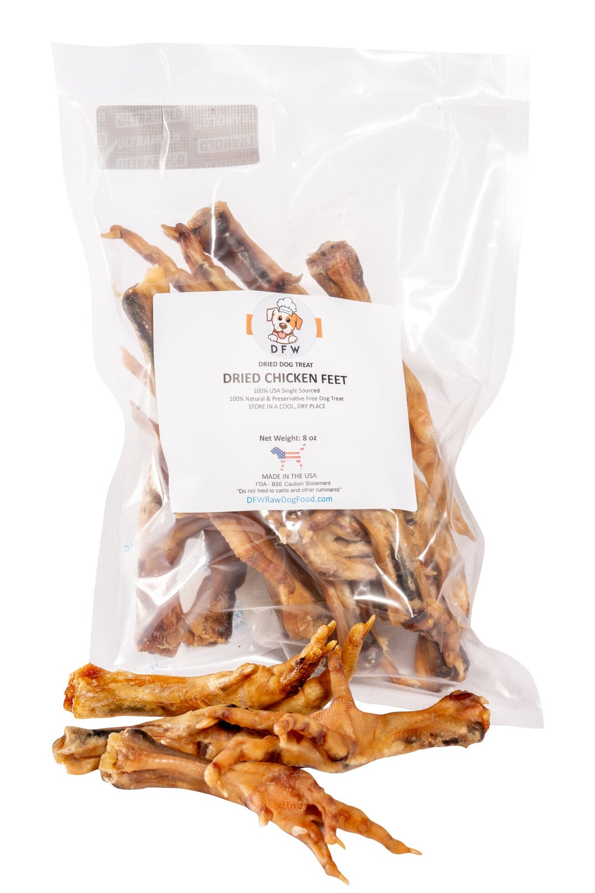 Dried Chicken Feet, golden-brown dried chews with wrinkled skin and curled toes, packaged in a clear bag.