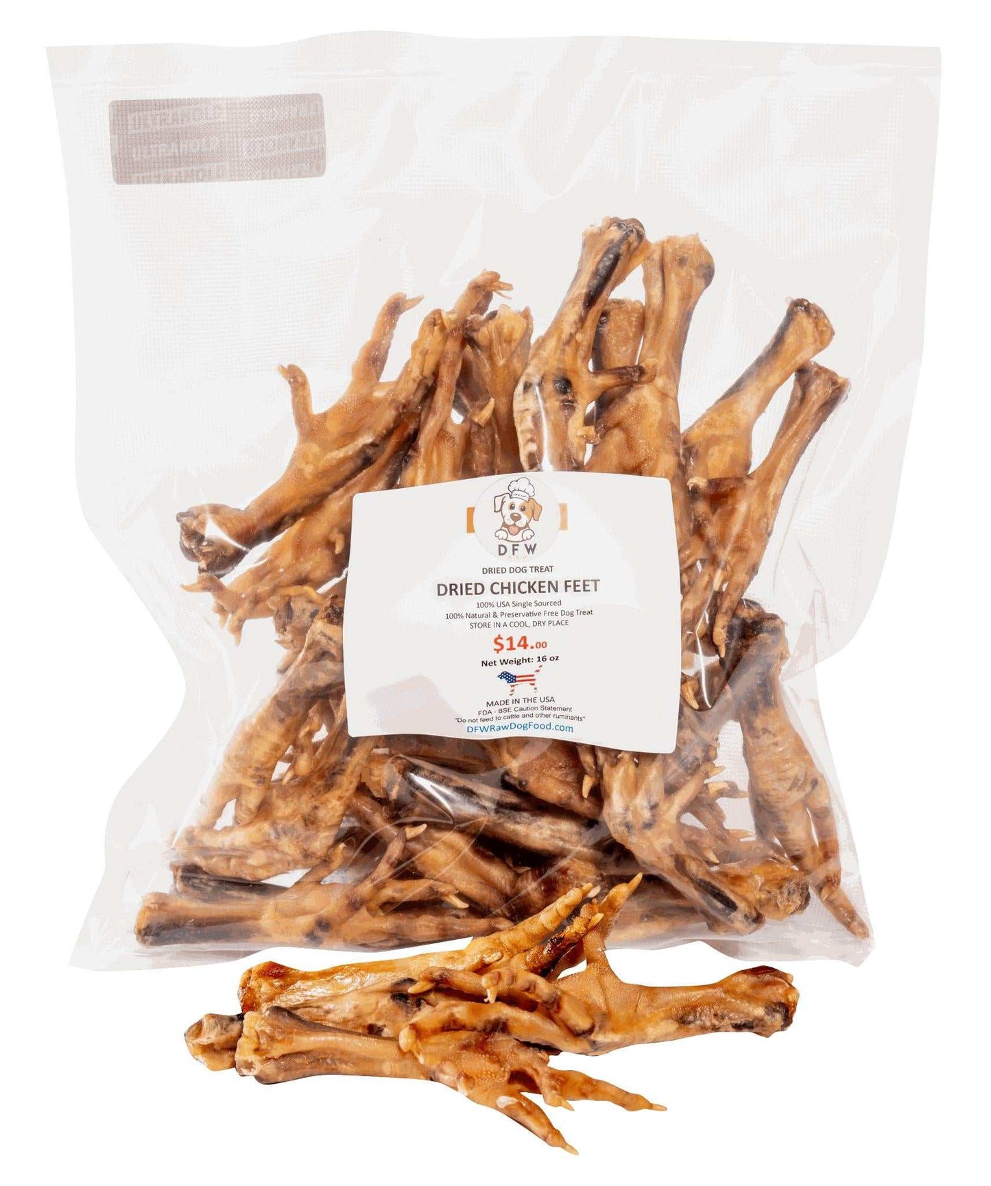 Dried chicken feet in a clear plastic package, offering healthy joints and dental support for dogs.