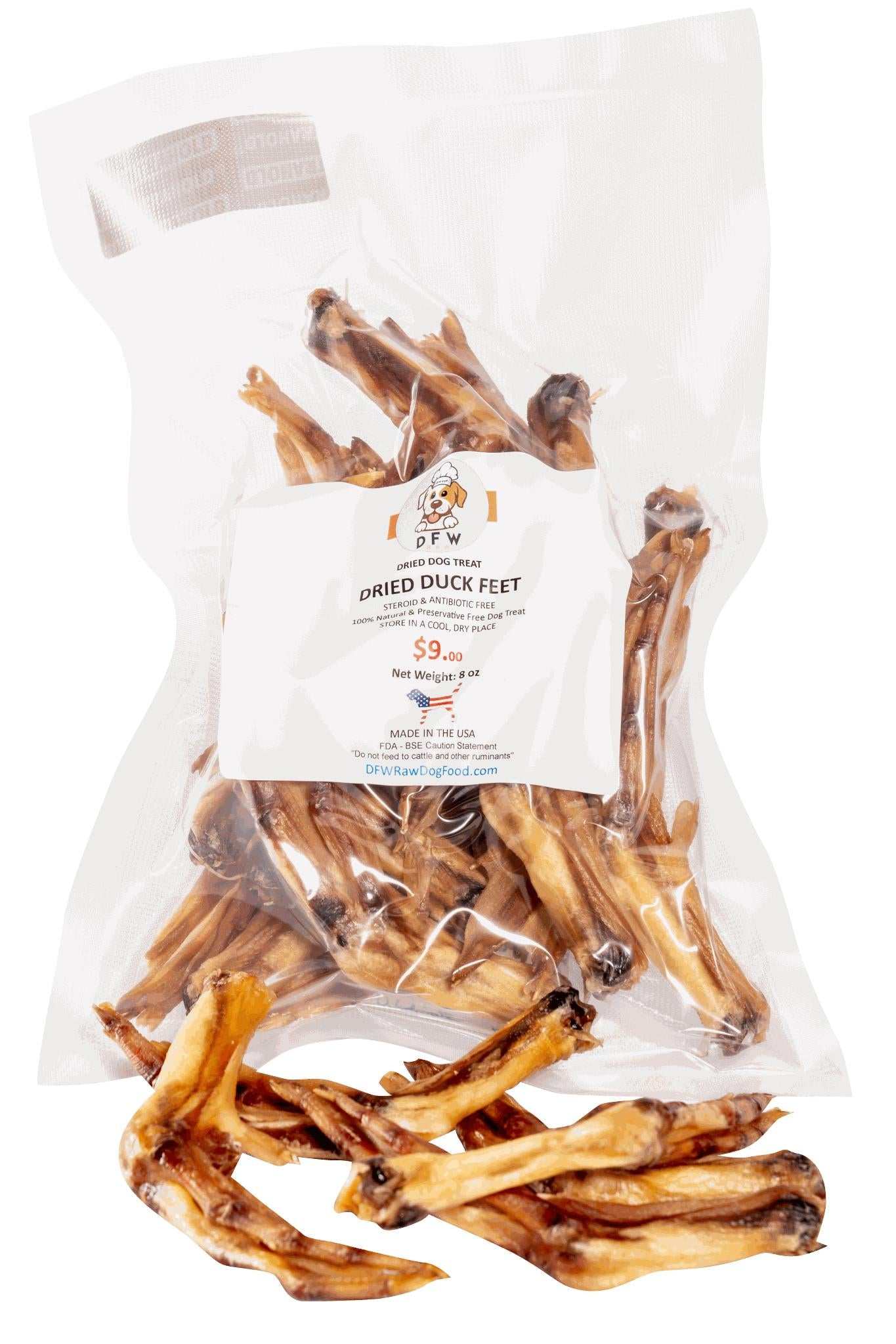 Natural dried duck feet dog chews in a clear packaging, ideal for dental health and small to medium breeds.