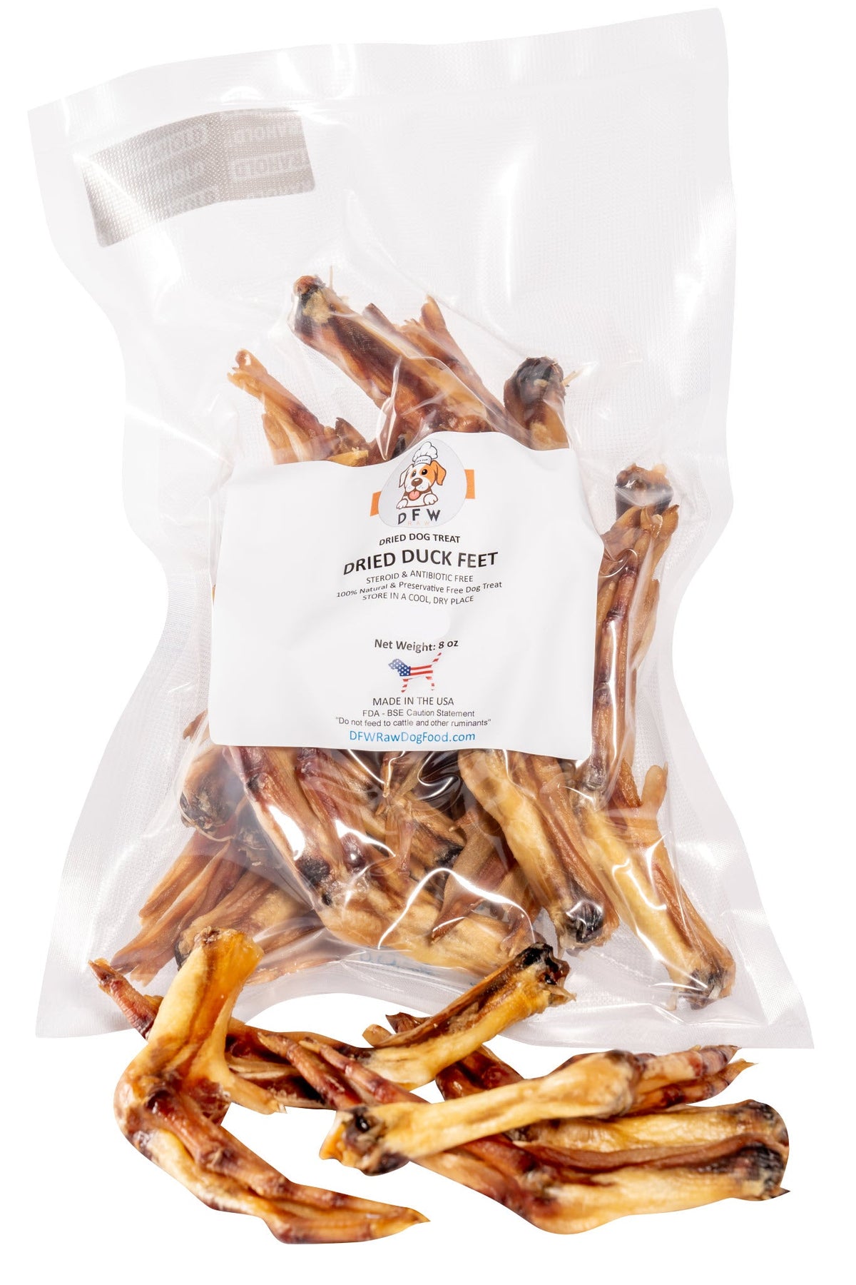 Dried Duck Feet, golden-brown air-dried chews with curled toes, packaged in a clear plastic bag with a white label.