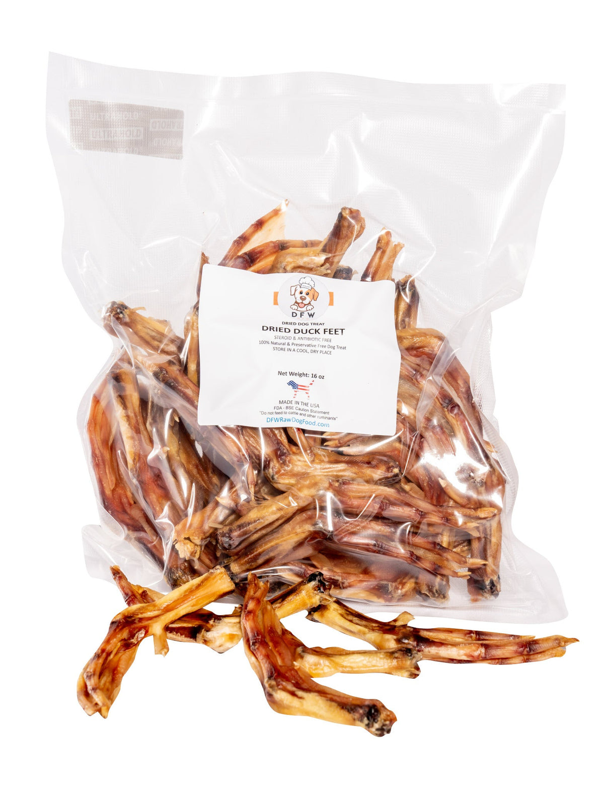 Dried Duck Feet in a clear plastic bag, with golden-brown dried chews and a white product label.