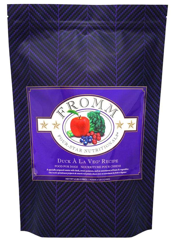 Four-Star Duck A La Veg dog food with duck, sweet potatoes, and mixed fruits and vegetables.