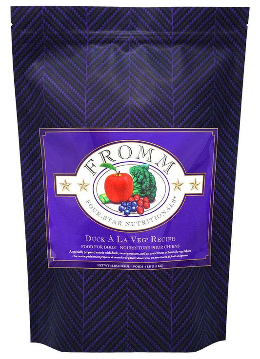 Four-Star Duck A La Veg dog food with duck, sweet potatoes, and mixed fruits and vegetables.