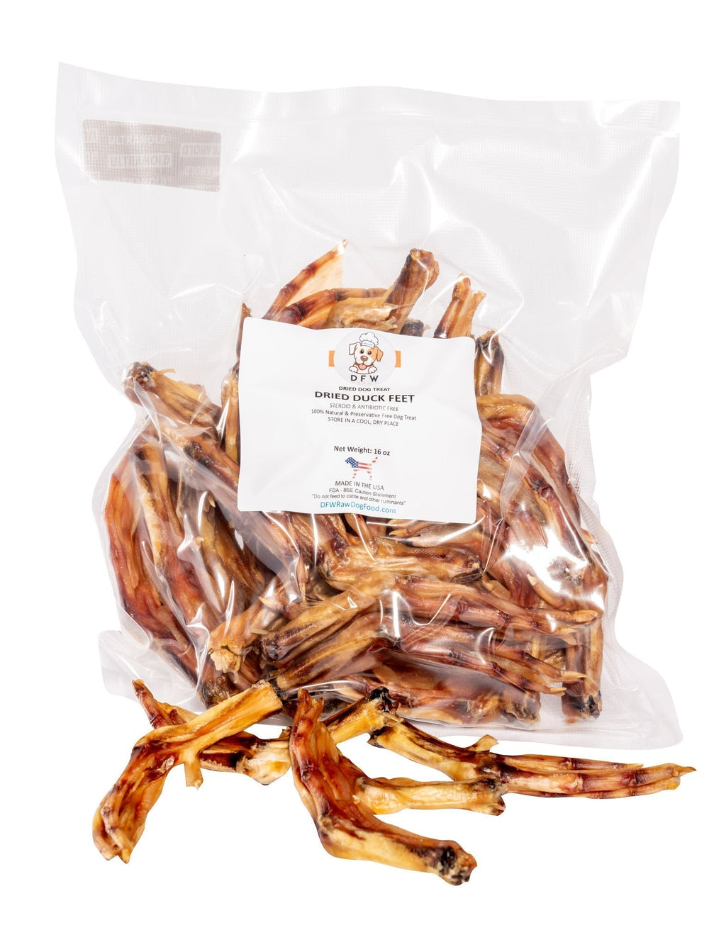 Dried Duck Feet in a clear plastic bag, with golden-brown dried chews and a white product label.