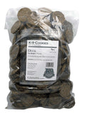 Duck K-9 Cookies in a clear 5-pound bag, with dark brown, round, textured crunchy treats and a white label.