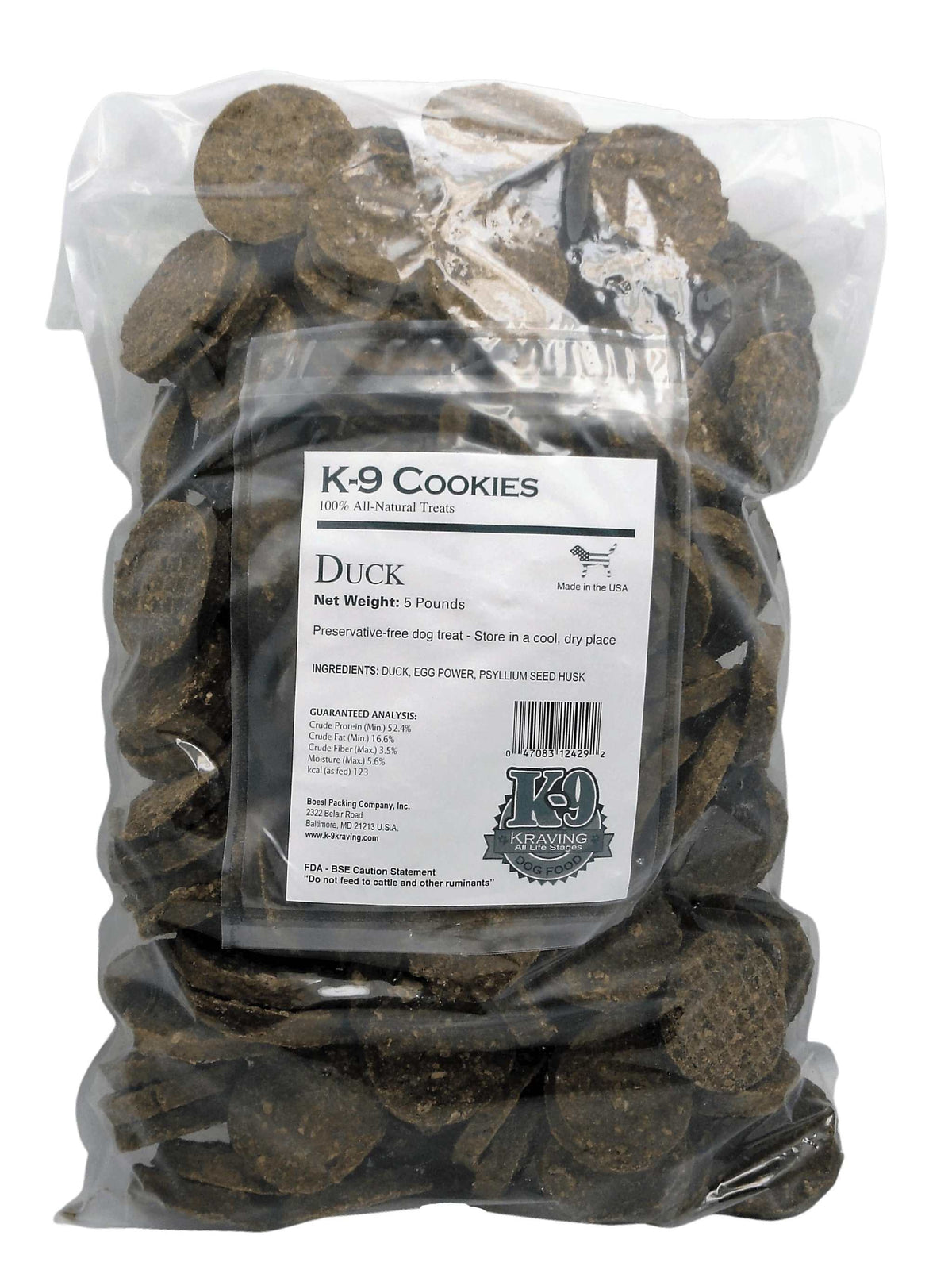 Duck K-9 Cookies in a clear 5-pound bag, with dark brown, round, textured crunchy treats and a white label.