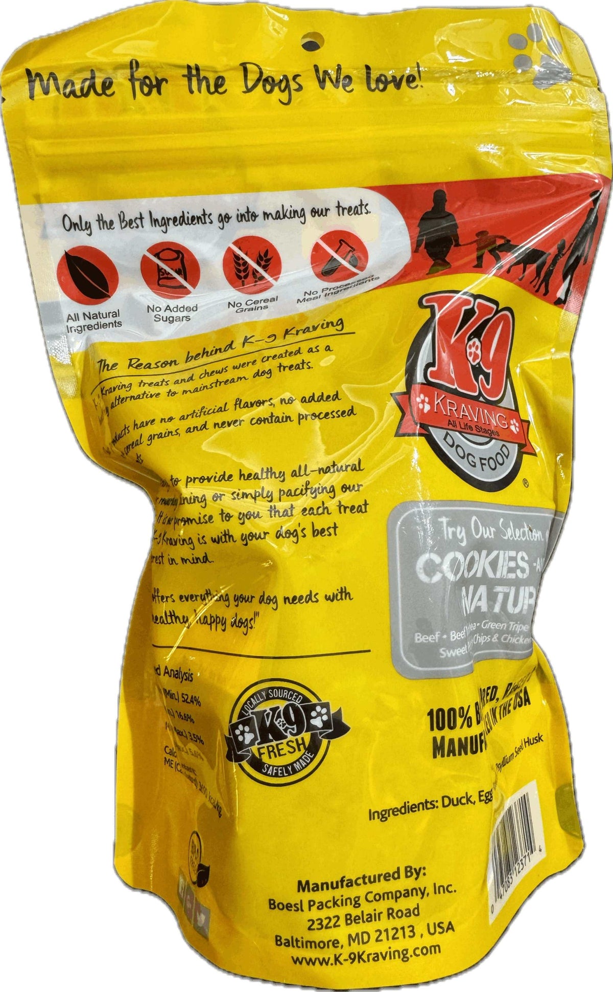 Dog treat bag for Duck K-9 Cookies, bright yellow packaging with red and black graphics and a resealable top