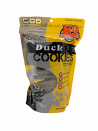 Dog treat pouch of Duck Cookies in a yellow, gray, and black printed package, with a resealable top and clear window.