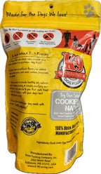 Dog treat pouch in bright yellow with red and gray graphics, featuring Duck Liver cookies and a resealable top.